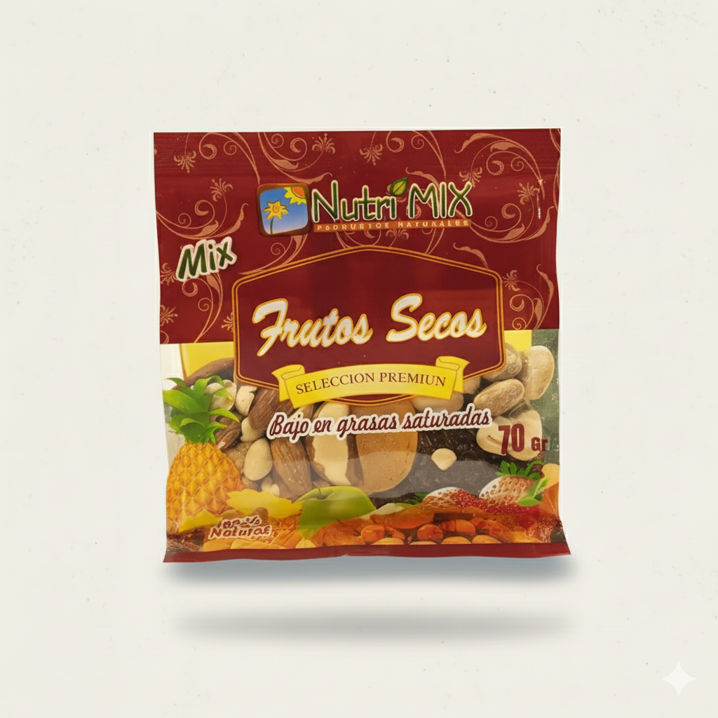 Empaque de 70g de Mix de Frutos Secos NutriMix, selección premium que incluye castañas y almendras, con etiqueta "Bajo en grasas saturadas" sobre fondo blanco.