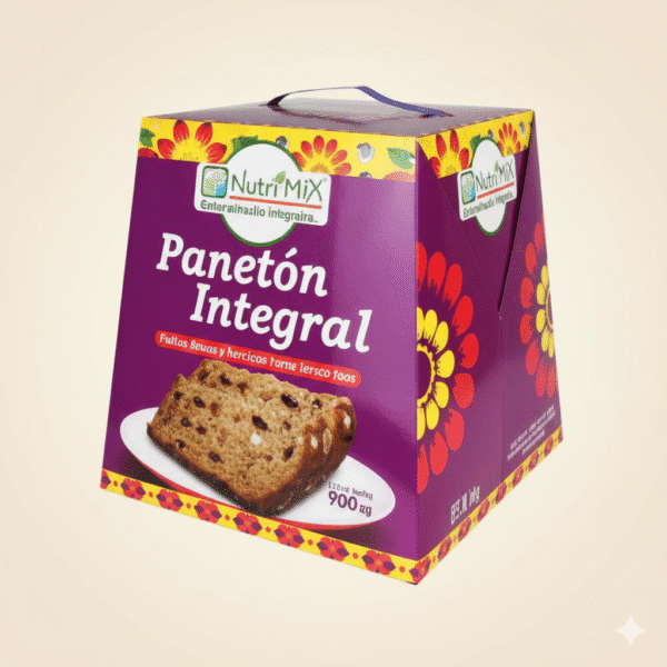 Empaque de Panetón Clásico NutriMix de 900g con pasas y frutas confitadas, caja naranja con diseño tradicional y tajada de panetón sobre fondo limpio.