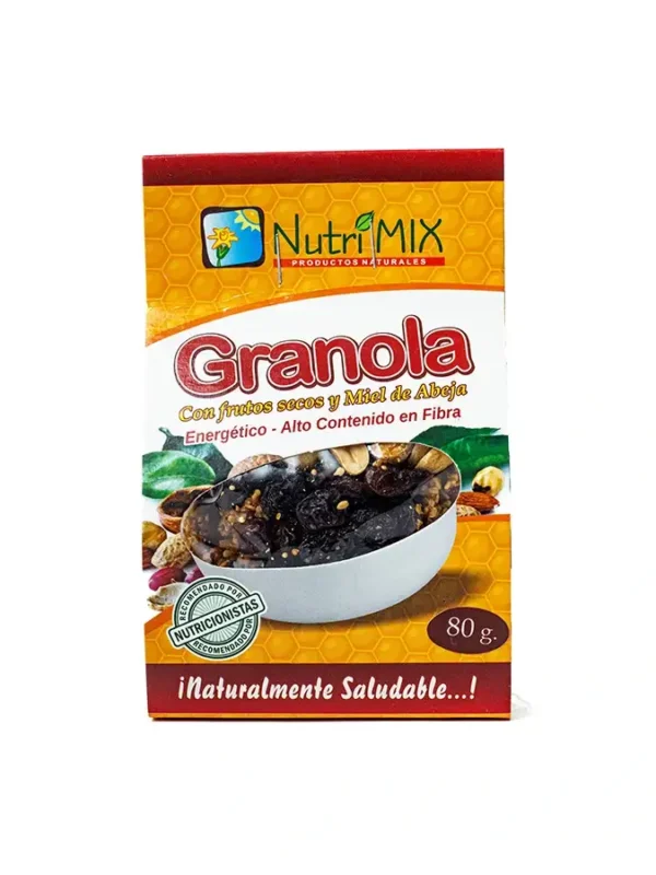 Granola con frutos secos y miel NURTIMIX 80 g. Granola NURTIMIX con frutos secos y miel de abeja en caja de 80 g.