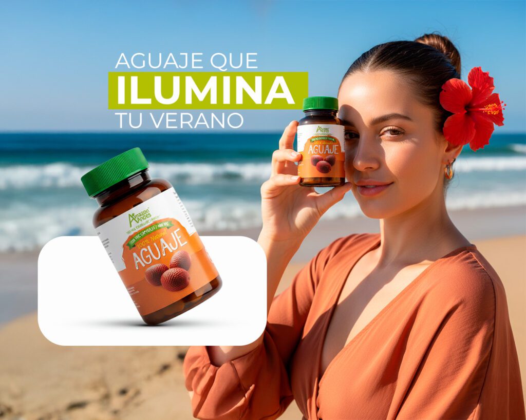 Aguaje natural fresco ideal para el verano, rico en vitaminas y antioxidantes, presentado como producto orgánico refrescante.